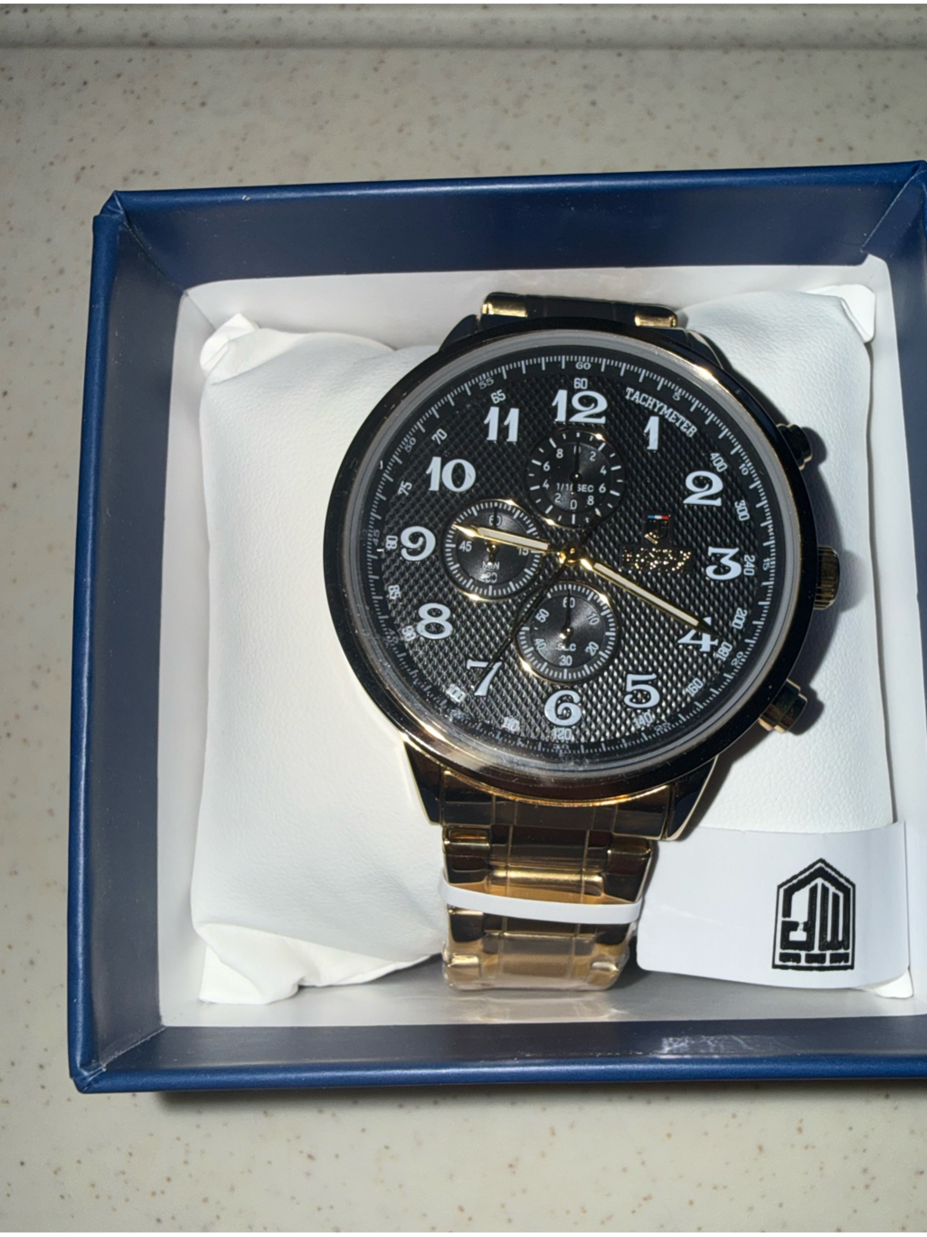 Mens GoldTone Chronograph Watch With Black Dial And Gold Bracelet
